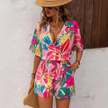 european and american cross-border  autumn new arrival: collared printed shirt & elastic waist cropped shorts two-piece set
