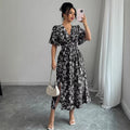 French v neck black floral dress  summer new arrivalretro silm slimming look gentle british style midi skirt