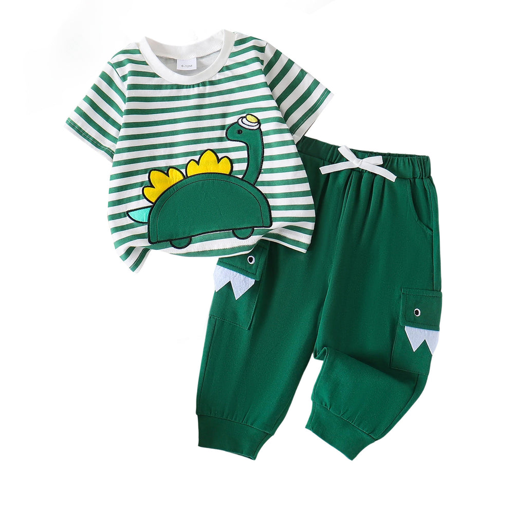 Amazon  spring/summer new kids' stylish and trendy baby green dinosaur cartoon striped short-sleeve and pants two-piece set