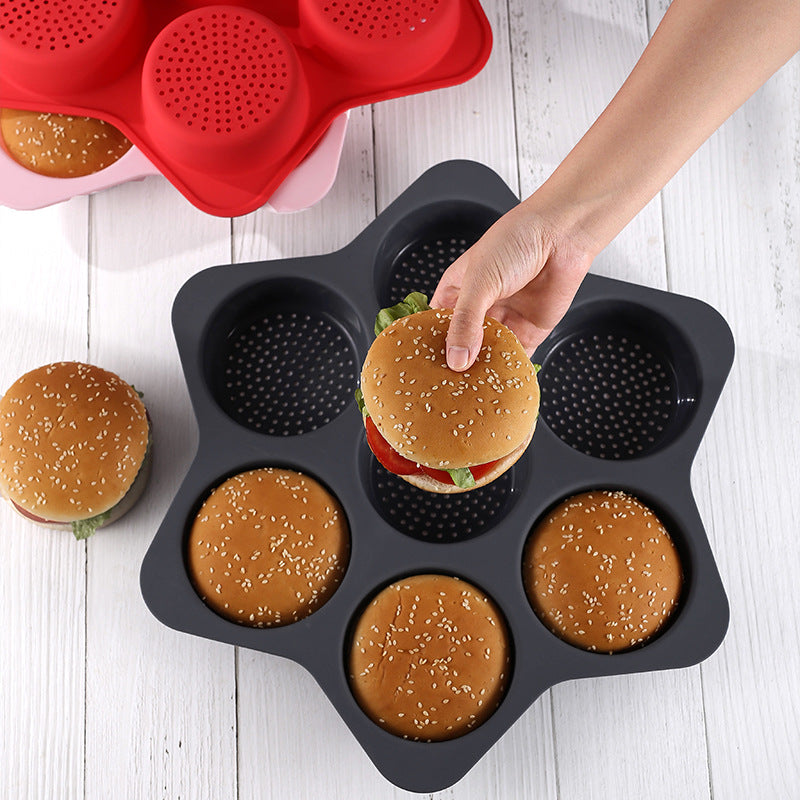 in stock new silicone hamburger baking pan breathable cut out hamburger mold 7-hole silicone bread mold