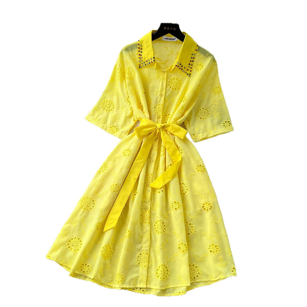 Frenchfashionable heavy industry diamond-encrusted polo collar short-sleeved dress women's summer strappy waist cut outembroider shirt skirt