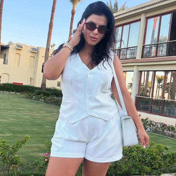 Cross-border European and American temperament fashion sleeveless V-neck vest top casual shorts  women's clothing new foreign style suit