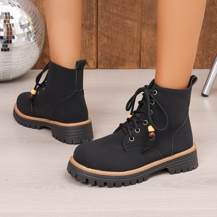 Women's chunky heel ankle boots for cross-border e-commerce, new spring/autumn  collection, roman style printed lace-up casual booties