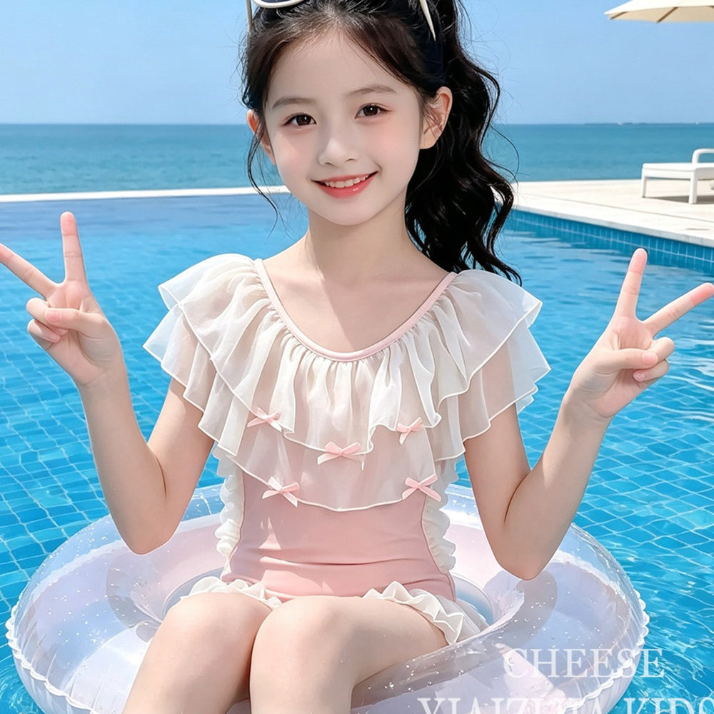 Girls' two-piece swimsuit: kids' double-layer mesh ruffle trim bowknot swimwear for beach vacations, hot springs, and swimming