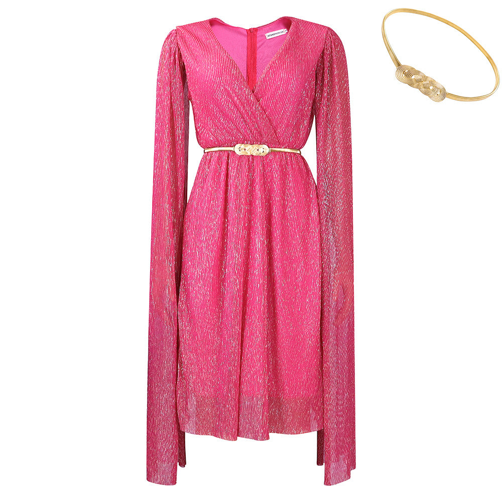 C8543 with belt   new v neck elegant long sleeves cloak waist dress foreign trade dress