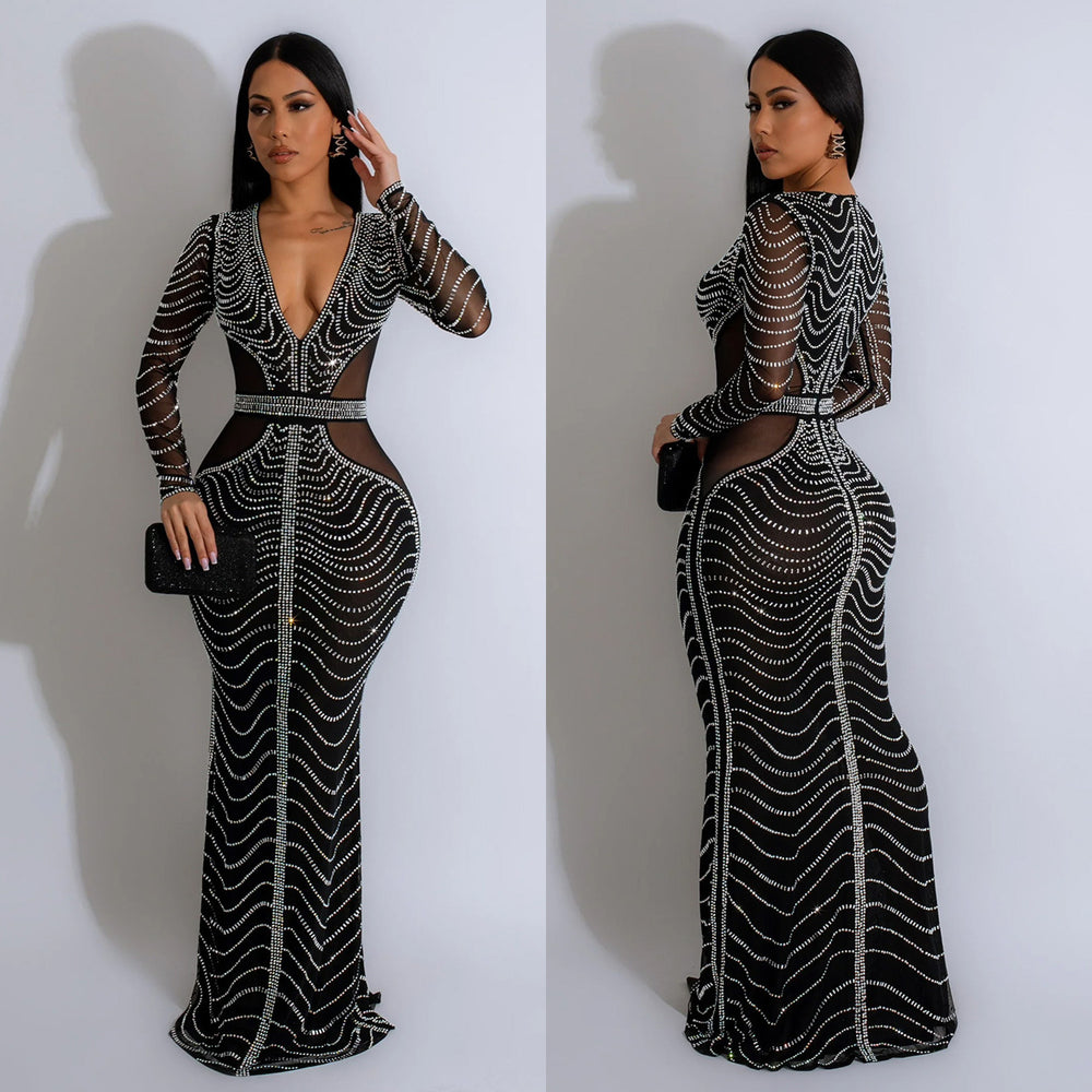 C6832 cross-border   fashion women's solid color mesh rhinestone long dress