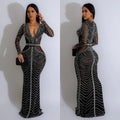 C6832 cross-border   fashion women's solid color mesh rhinestone long dress