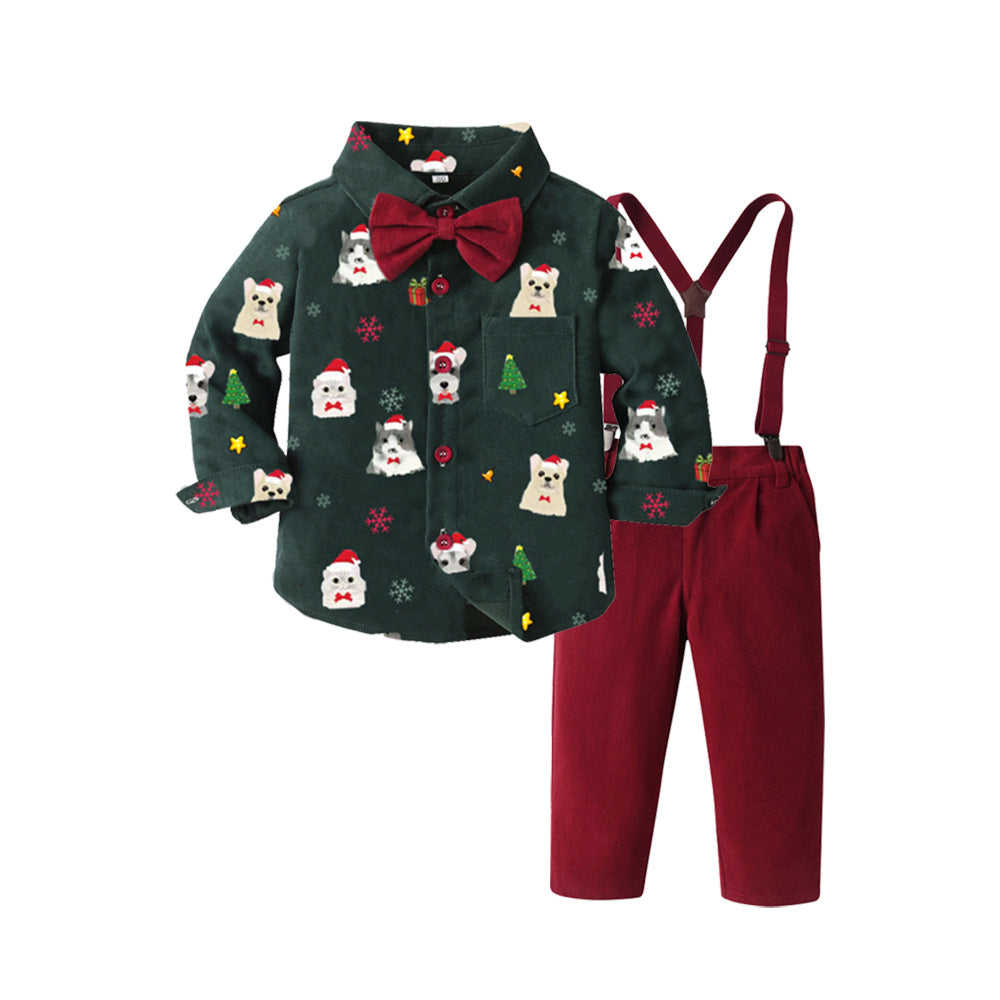 New arrival: boys' printed long-sleeve shirt & overalls set - gentleman's outfit, perfect for christmas!