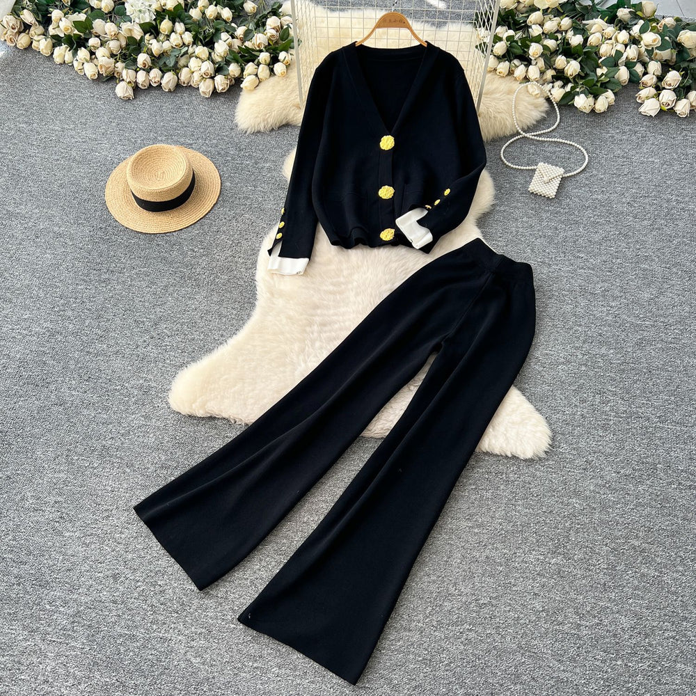 Xiaoxiangfengclassy heavy industry metal buttons v necklong sleevesknittingtops women's high waistloosestraight-leg pantssuit