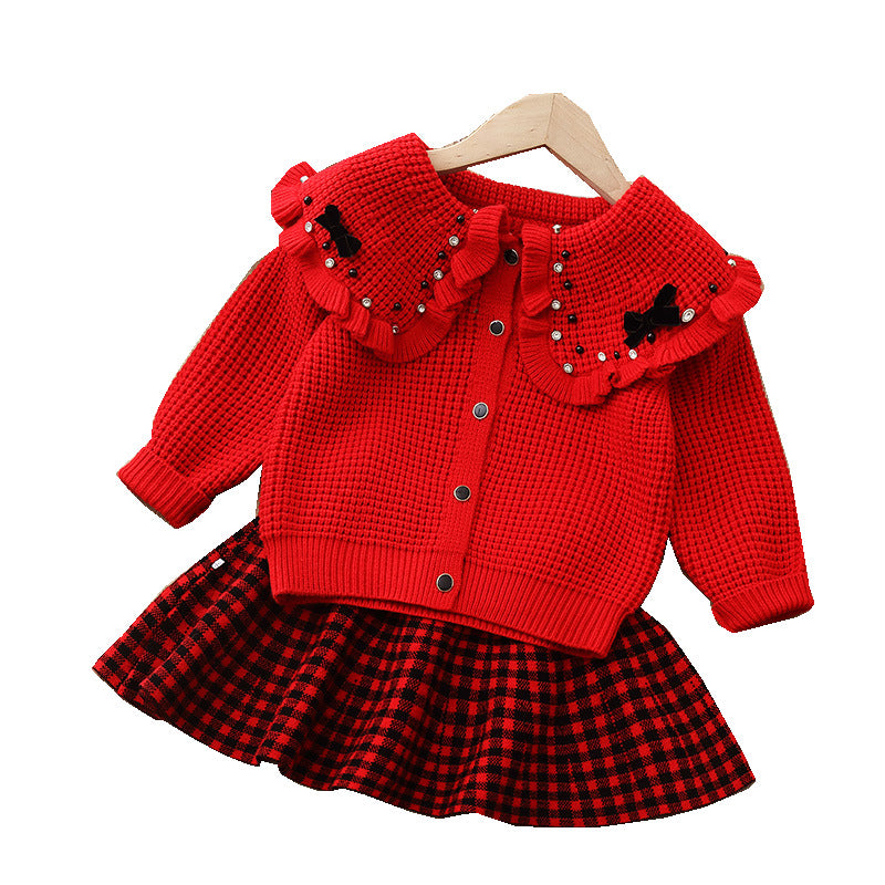 Sweatertwo-piece set5girlswearknittingsuit skirt baby girl lapel pearl cardiganoutwearlong sleevesk-style children's clothing