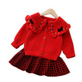 Sweatertwo-piece set5girlswearknittingsuit skirt baby girl lapel pearl cardiganoutwearlong sleevesk-style children's clothing