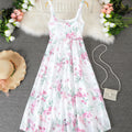 Women's european and american style white floral hollow-out embroidered midi dress, sleeveless square neck with tie-front detail