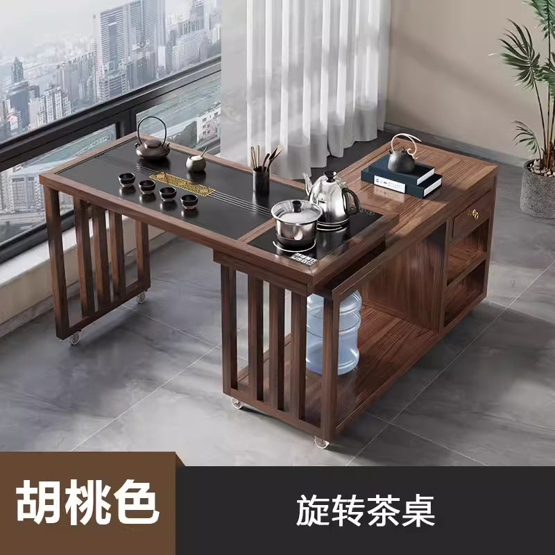New chinoiserie solid wood tea table rotate table and chair complete set of water kettle all-in-one tea table balcony living room small apartment coffee table