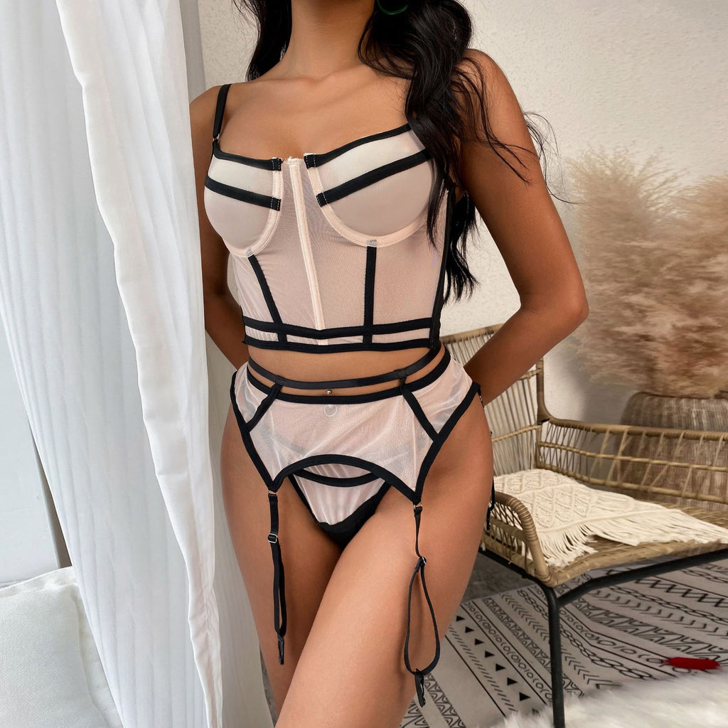 European and American fun three-piece set  autumn explosion skin tone mesh splicing glue bone high-end fun three-piece set