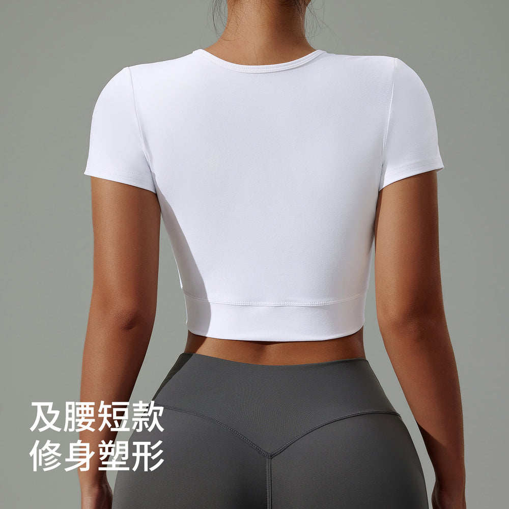 new arrival yoga wear t-shirt women's summersexy navel-baring round neck fitness wear short-sleeved high-elastic breathable sportswear