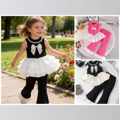 girls' chanel-inspired outfit: sleeveless bow-topped top + ruffle flare pants two-piece set (summer)