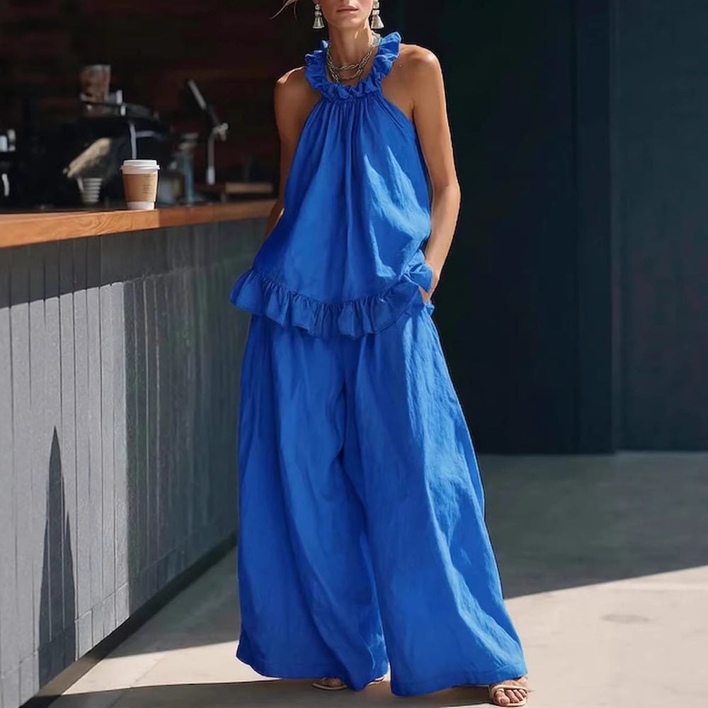 european and american  spring/summer new arrival: halter top cotton linen retro high-waisted loose casual set for women