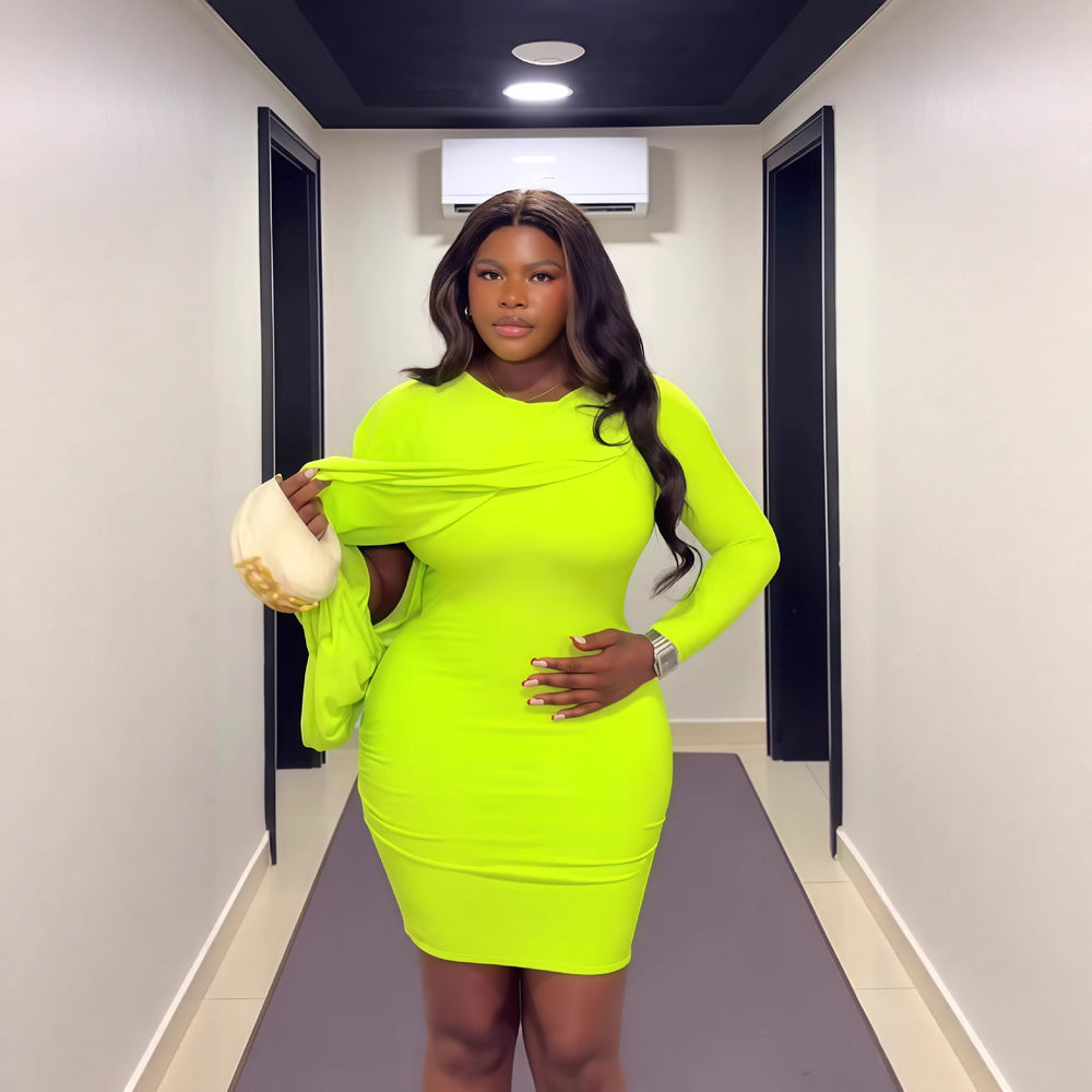 European and american cross-border women's fashion  winter new arrival: solid color asymmetrical long sleeve crew neck bodycon sexy mini dress