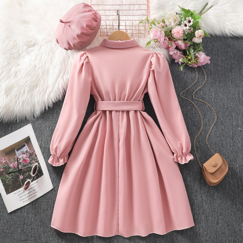 new girls' long-sleeve collared solid color dress with belt and hat