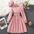 new girls' long-sleeve collared solid color dress with belt and hat