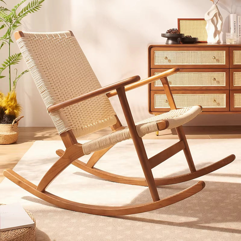 Scandinavian rocking chair solid wood for home balcony hemp rope woven ash rocking chair casual modern living room recliner