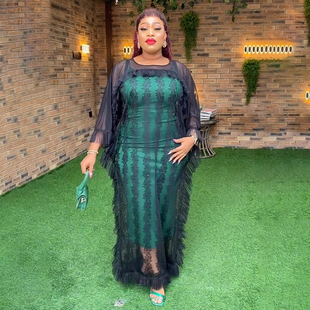 Fashion cross-border foreign trade  mesh patchwork dress african plus size women's suspender skirt two-piece setin stock