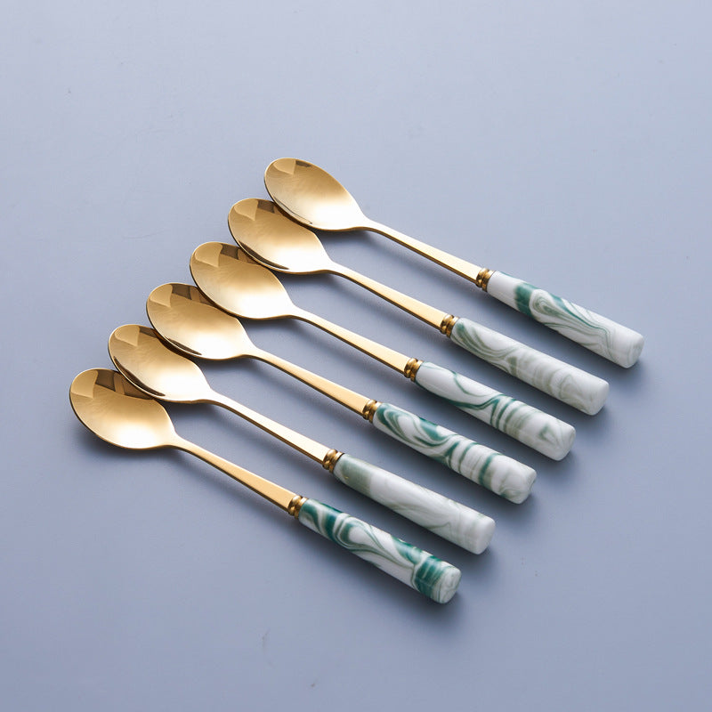 Nordic stainless steel fruit fork spoon ceramic storage jar set marble fruit fork household cutlery spoon dropshipping