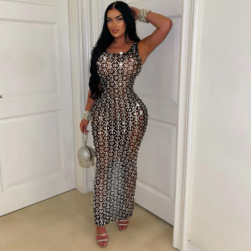 C6942 cross-border   independent station fashion women's sexy mesh see-through maxi dress