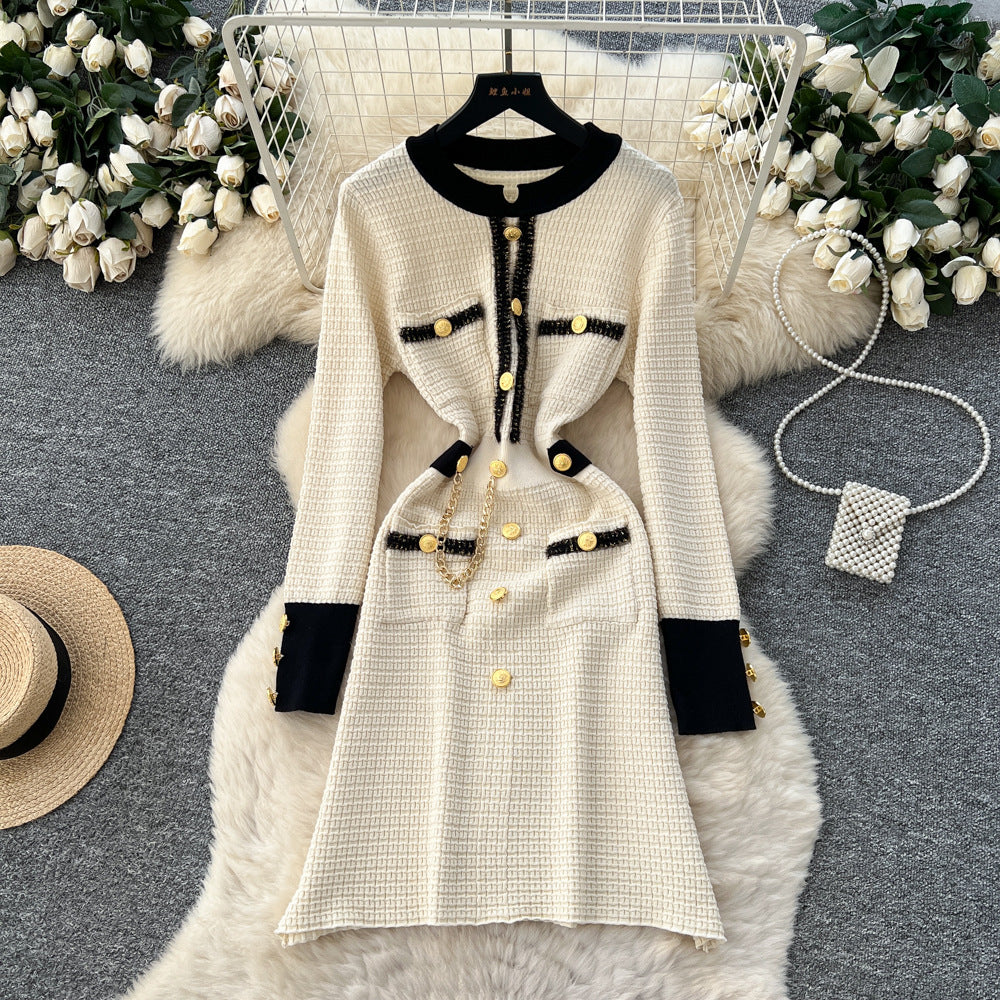 Frenchclassy small fragrance fashion metal buckle contrast color round neck long sleeves waist slimming lookknittingdress autumn wear