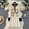 Frenchclassy small fragrance fashion metal buckle contrast color round neck long sleeves waist slimming lookknittingdress autumn wear