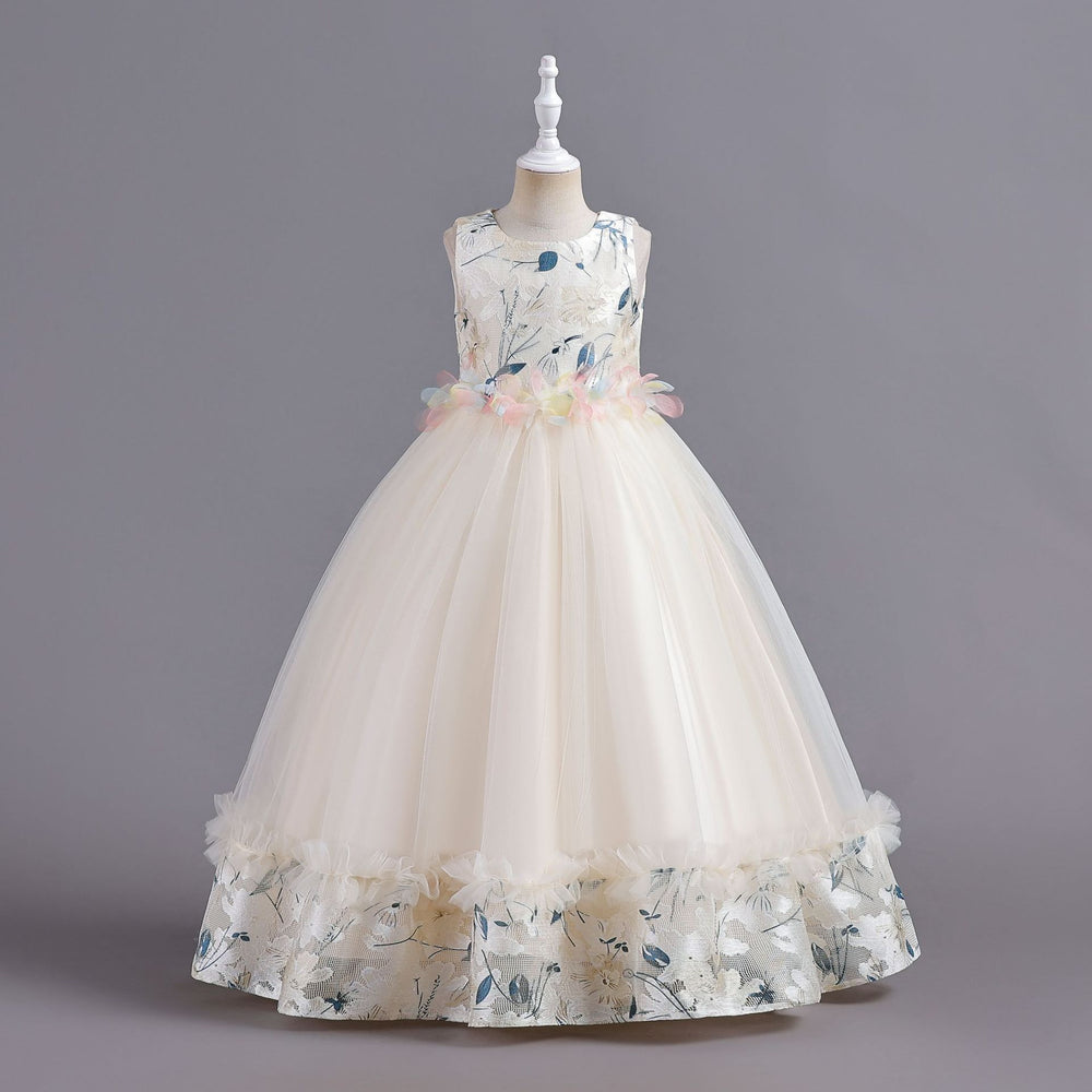 Ready-to-ship wholesale children's formal dresses, featuring a petal waistband and princess silhouette, perfect for little girls' birthdays, piano recitals, and performances