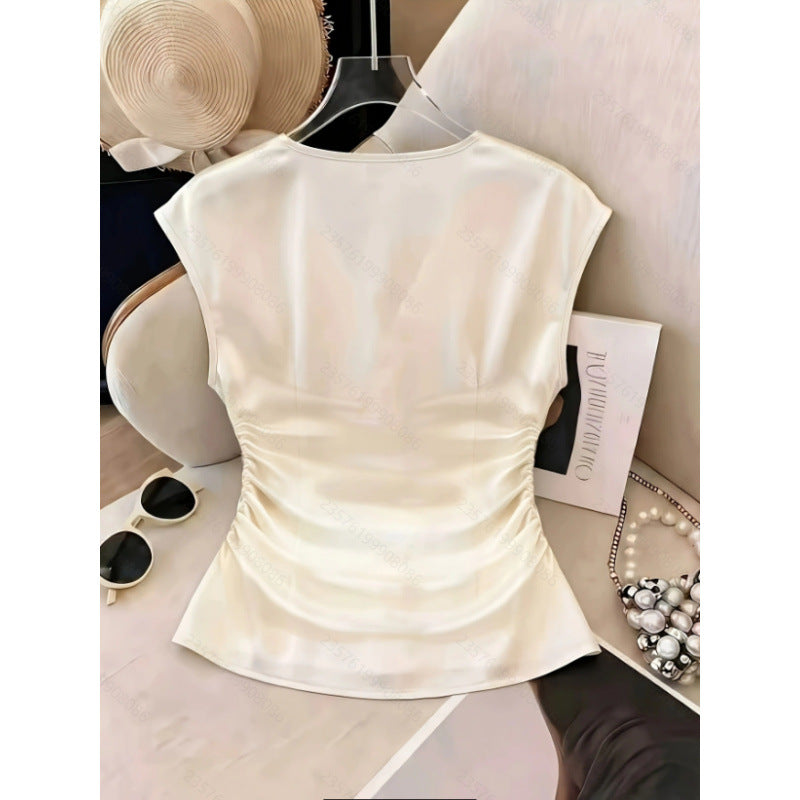 Women's new summer french chic solid color satin v-neck shirred waist blouse - perfect for office commuting