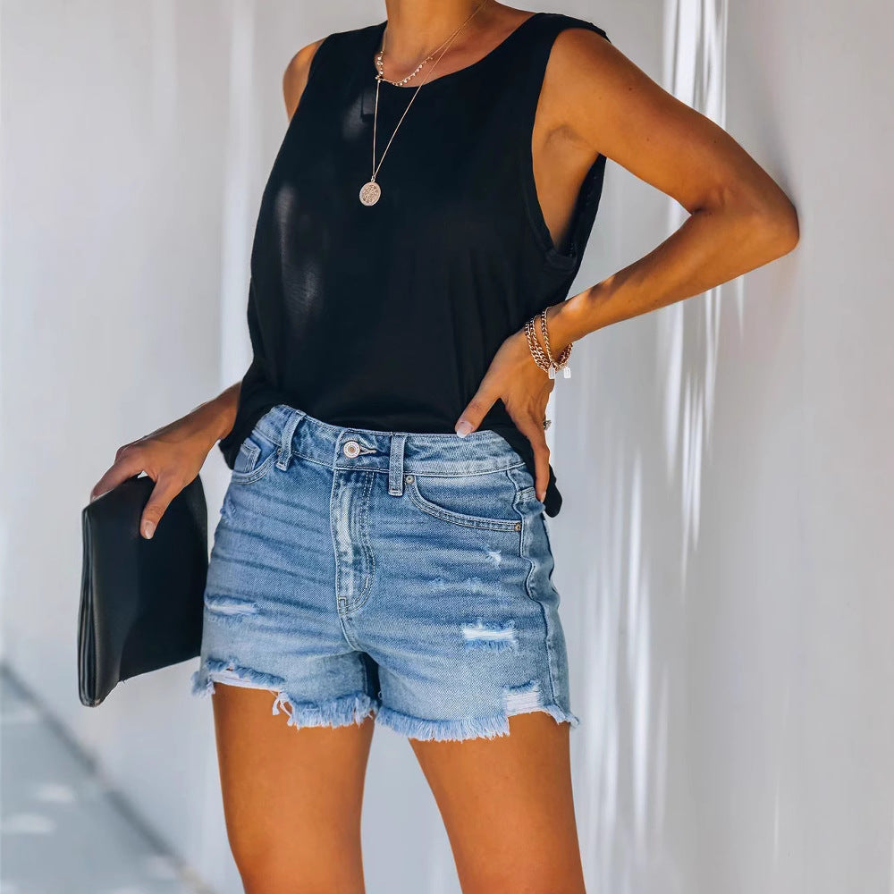 Xintang denim capital: women's distressed denim shorts,  new ins trendy capri shorts, washed denim shorts