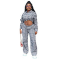 European and american women's clothing  autumn new collection: sweet and fresh plaid turn-down collar long-sleeve shirt and high-waisted straight-leg pants two-piece set