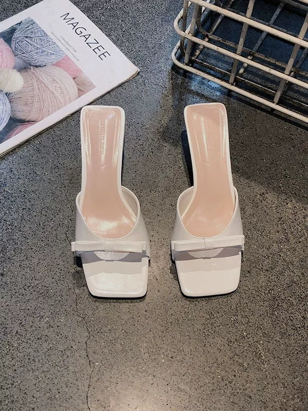 French square toe small sandals thin heel high heels women 2025 summer new arrival bows one-line slippers half slippers