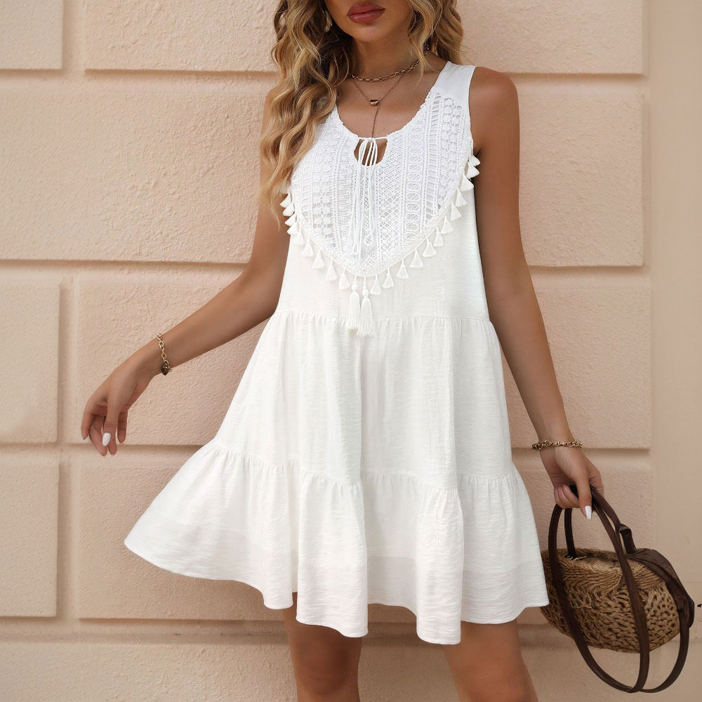 Bohemian white sleeveless dress - new summer ethnic style tassel v-neck short vacation beach dress