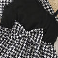 Girls' two-piece dress set: chanel-inspired houndstooth long-sleeve jacket with bow and a-line skirt, plus suspender dress