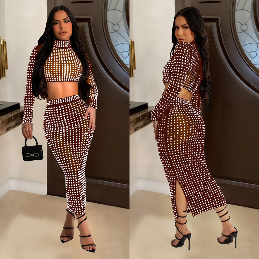 C6946 cross-border   independent station fashion fashion women's solid color hot diamond mesh two-piece skirt