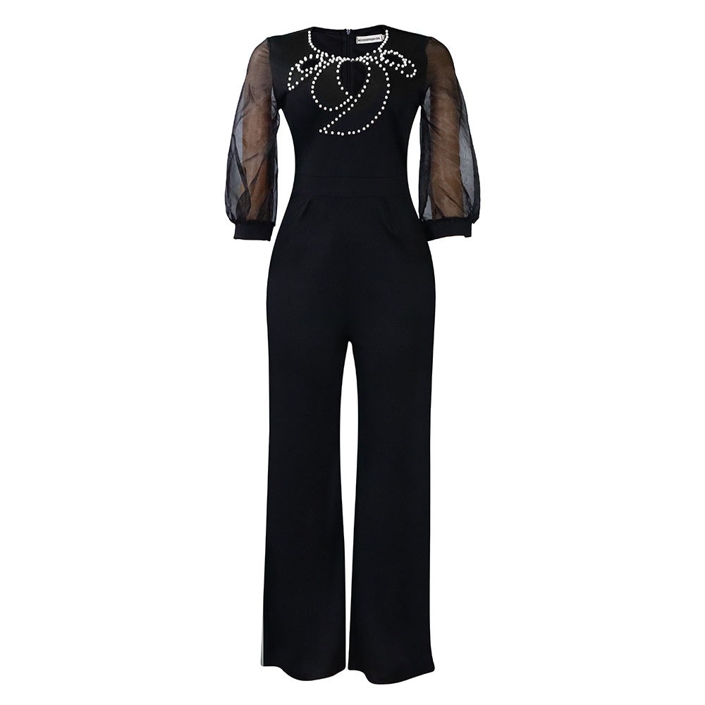 D3183 women's foreign trade summer  short-sleeve puff sleeve beaded sexy wide-leg cinched waist plus size cross-border jumpsuit
