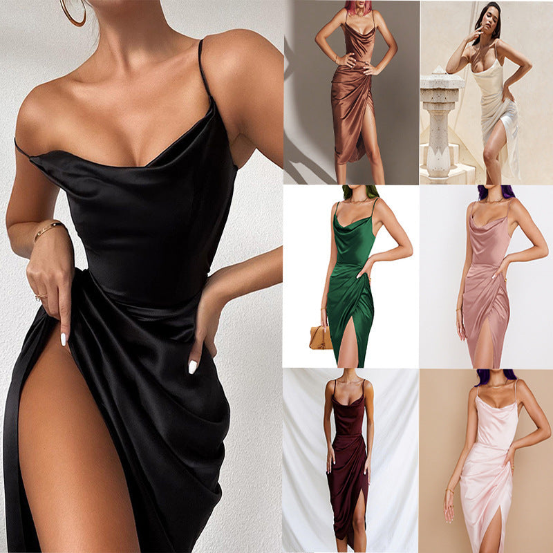 2025 fashionable sexy foreign trade slit satin european and american dress slim fit elegant sexy spaghetti strap slit dress