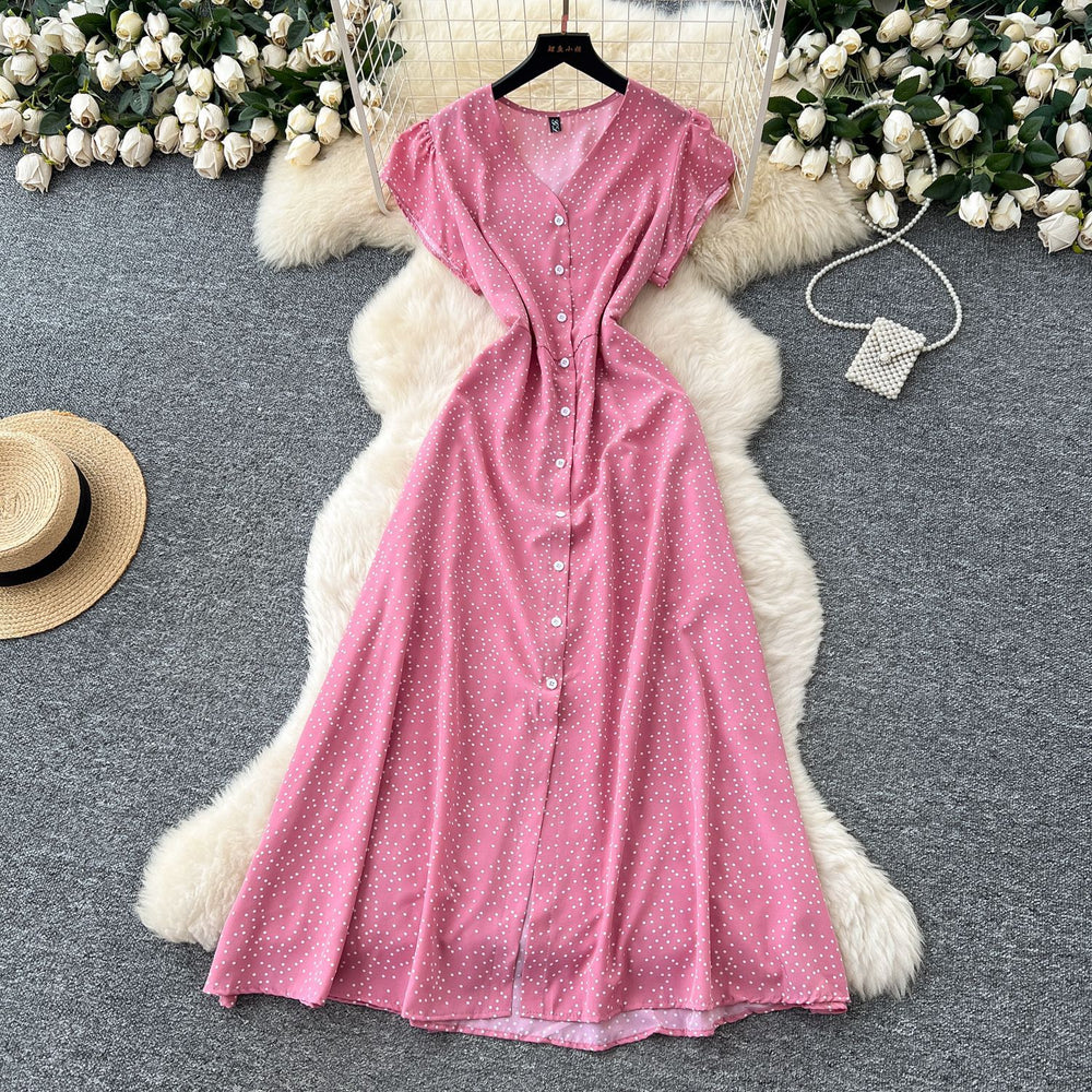 French retro v-neck flutter sleeve fitted waist dress - women's 2025 summer slimming elegant single-breasted floral maxi dress