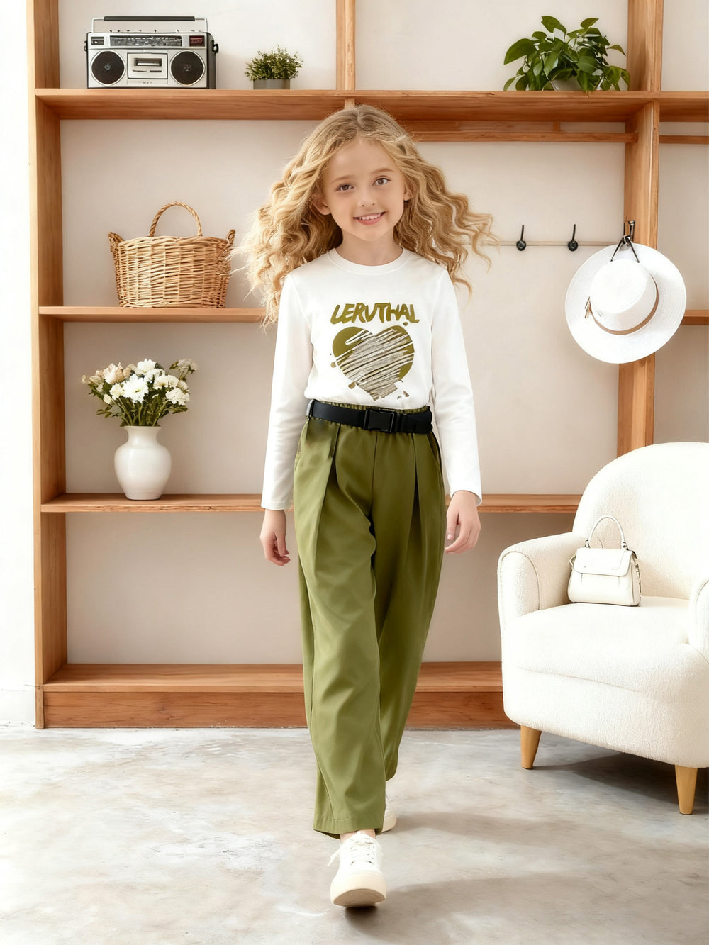 girls' two-piece set: military green cargo pants with a straight leg, and a long-sleeved autumn outfit for kids featuring a heart and letter print
