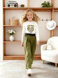 girls' two-piece set: military green cargo pants with a straight leg, and a long-sleeved autumn outfit for kids featuring a heart and letter print
