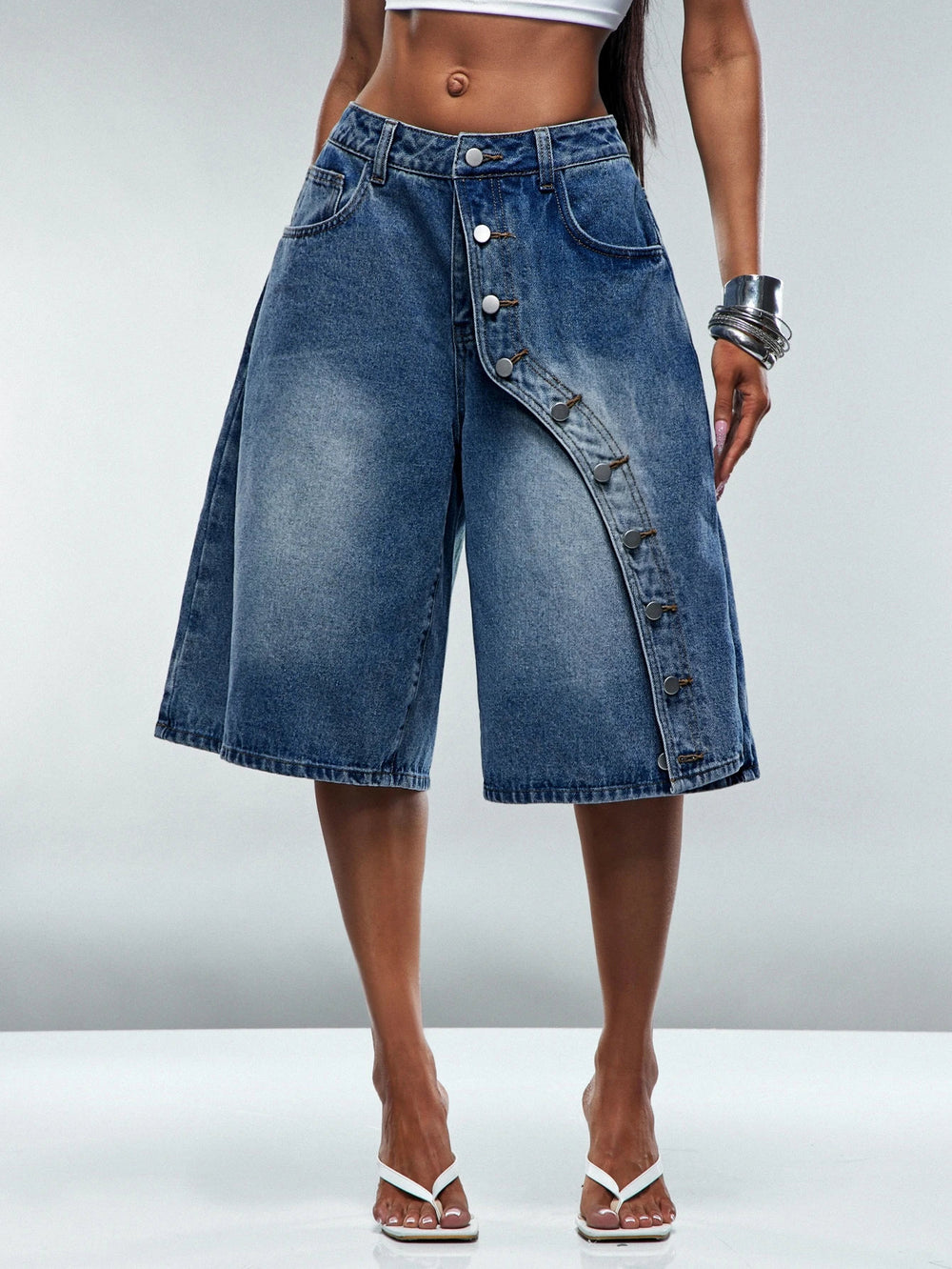 Fashion jeans women's diagonal button wide-leg cropped jeans cross-border hot girl washed pants foreign trade women's clothing