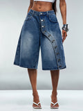 Fashion jeans women's diagonal button wide-leg cropped jeans cross-border hot girl washed pants foreign trade women's clothing