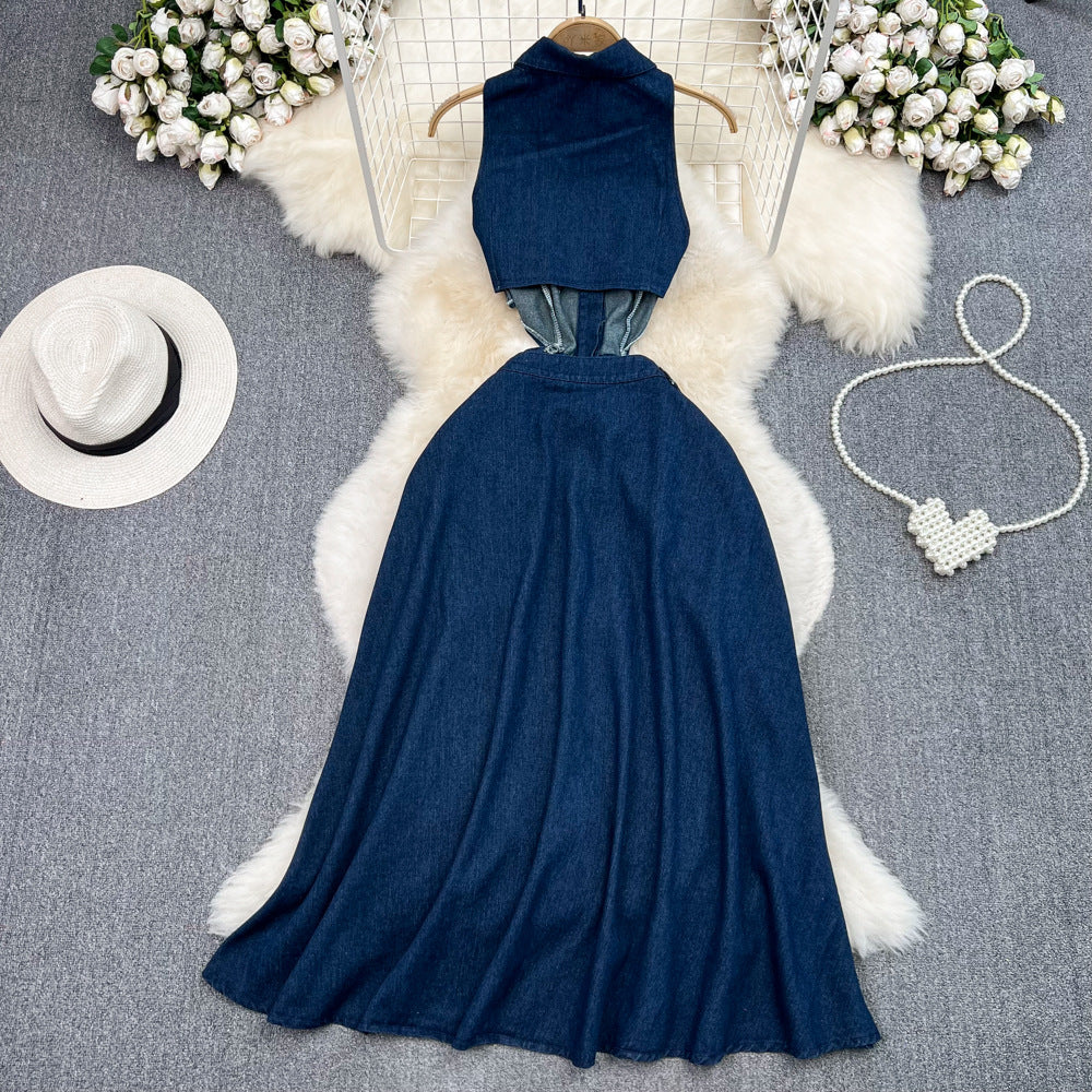 Retro lapel cut out waist exposed waist slimming look sleeveless single breasted a-line slit denim dress casual long skirt