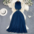 Retro lapel cut out waist exposed waist slimming look sleeveless single breasted a-line slit denim dress casual long skirt
