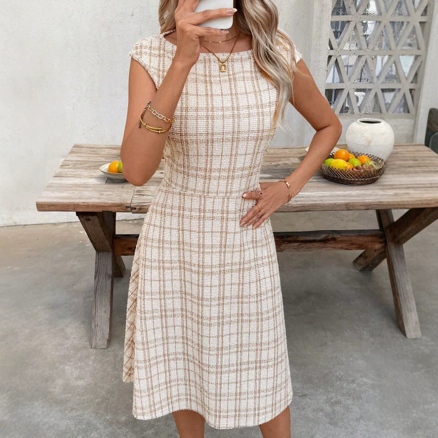 spring/summer european and american export cross-border striped plaid crew neck sleeveless color block shirred waist midi dress