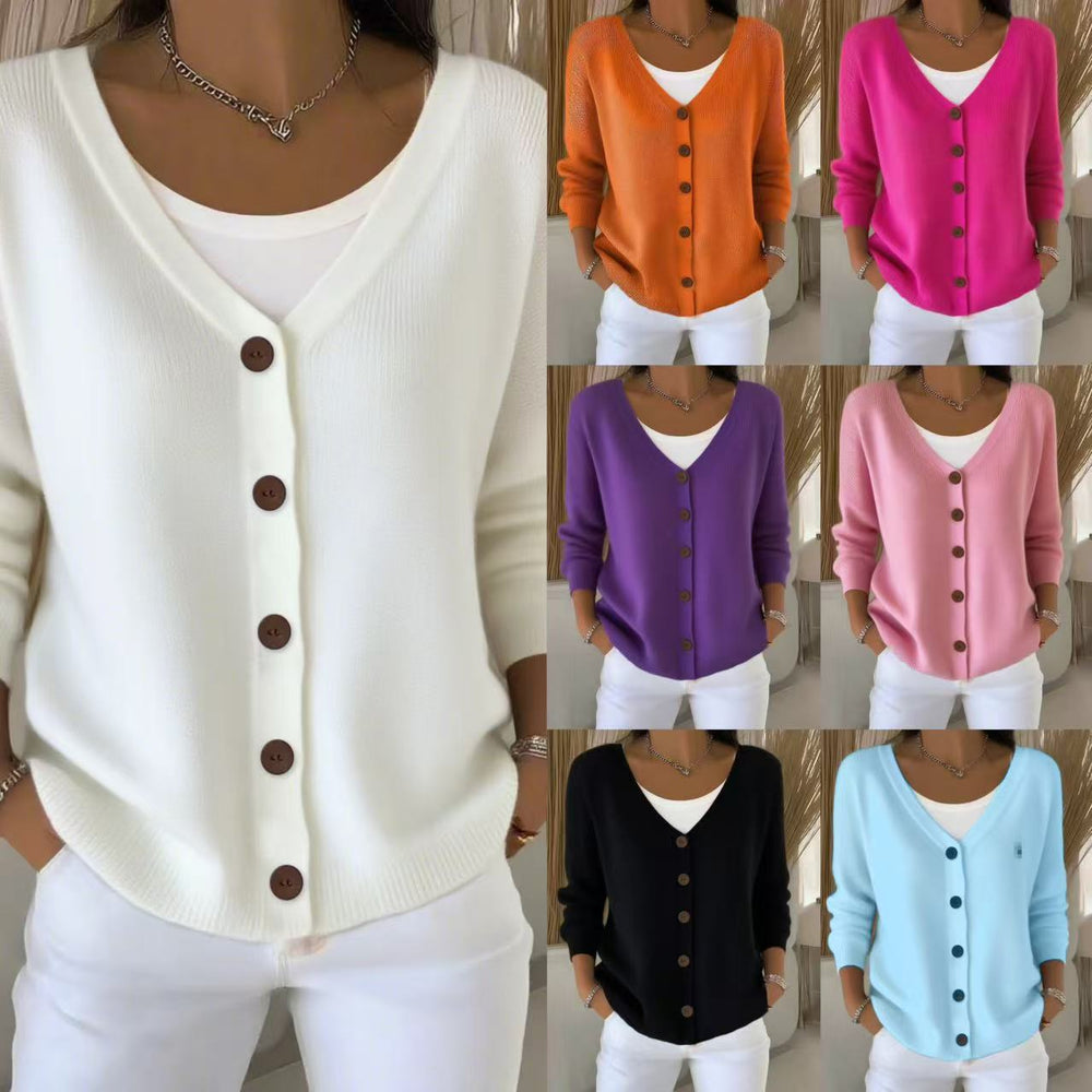 2025 new women's solid color knitted button-down cardigan, loose fit, casual style, european and american cross-border amazon independent website
