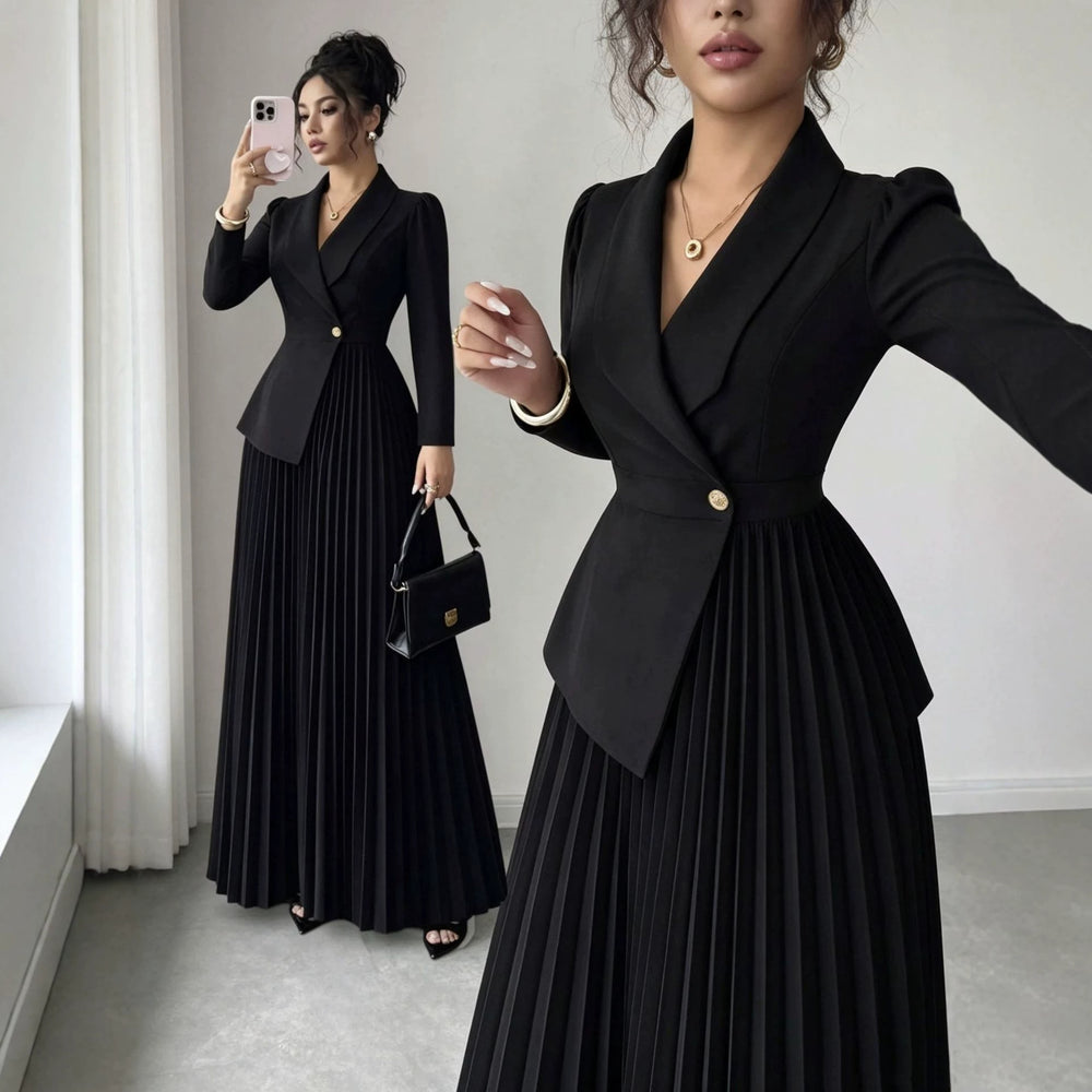 european and american cross-border e-commerce women's new black fitted slimming elegant blazer pleated dress